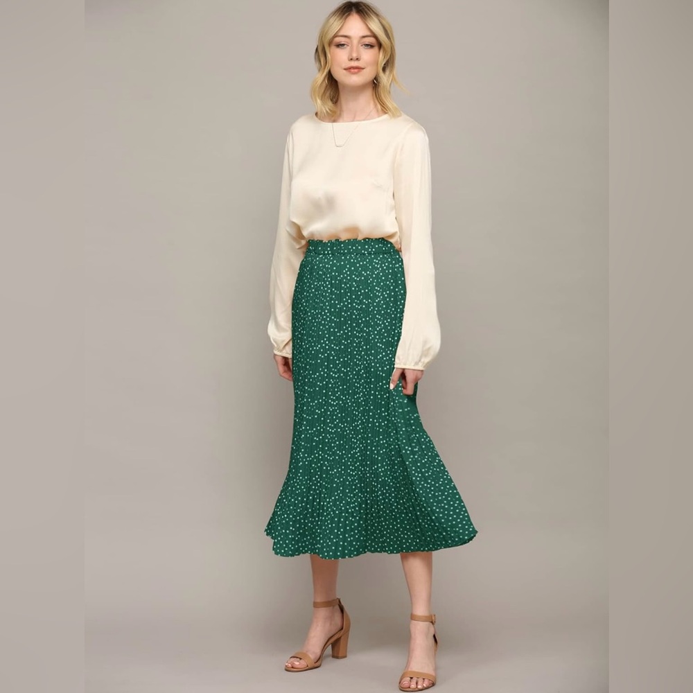 High Waist Polka Dot Pleated Midi Swing Skirt with Pockets -green - Picture 5 of 6
